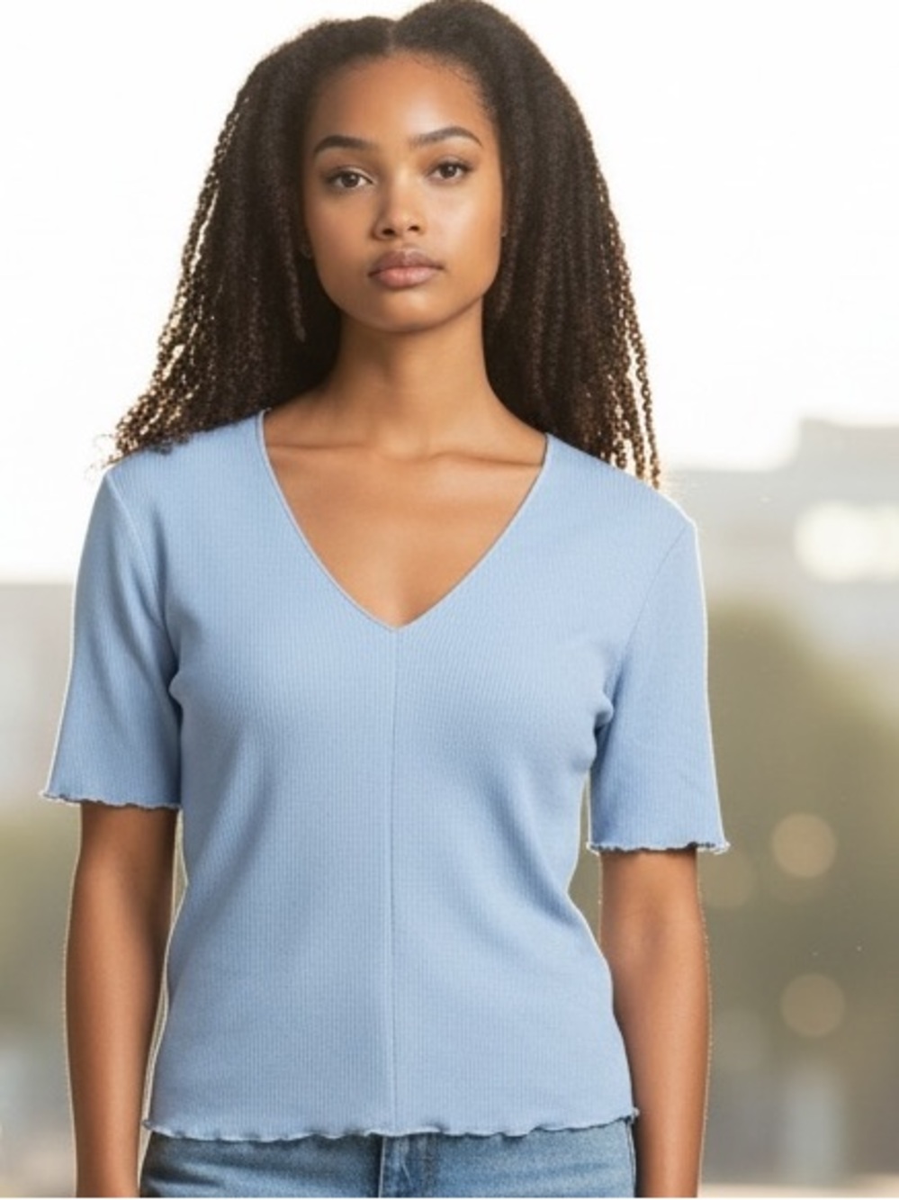 Zara Women’s Light Blue Ribbed V-Neck Short Sleeve Top Size S